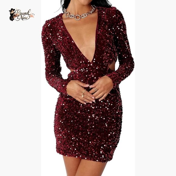 Long Sleeve Sequin Bodycon Mini Dress Deep V Neck Cut Out Party Club